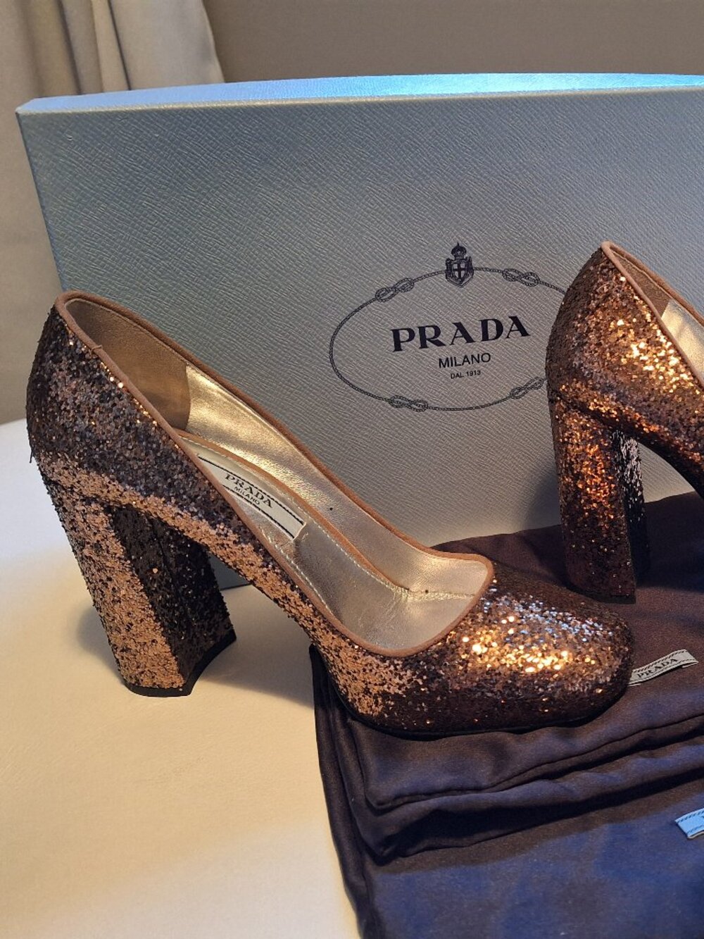 Prada bronze/rose-gold glitter chunky heels